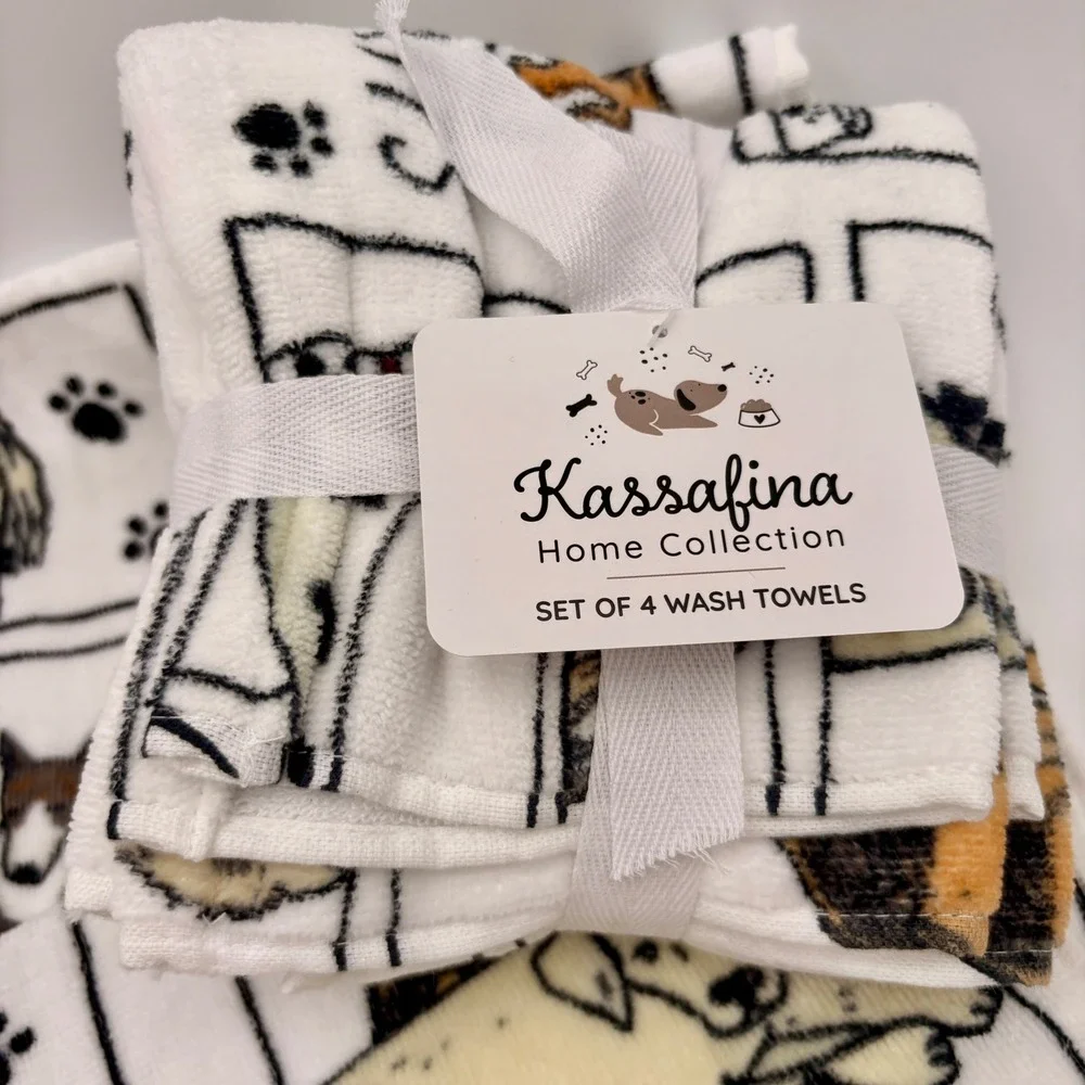 Kassafina Home Collection Dog Pawtraits White Cotton Wash & Hand Towels Set of 4